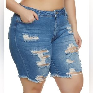Plus Size Distressed Denim Bermuda Shorts - Medium Wash Size 22